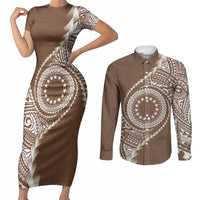 Cook Islands Gospel Day Couples Matching Short Sleeve Bodycon Dress and Long Sleeve Button Shirt Brown Tribal Curves