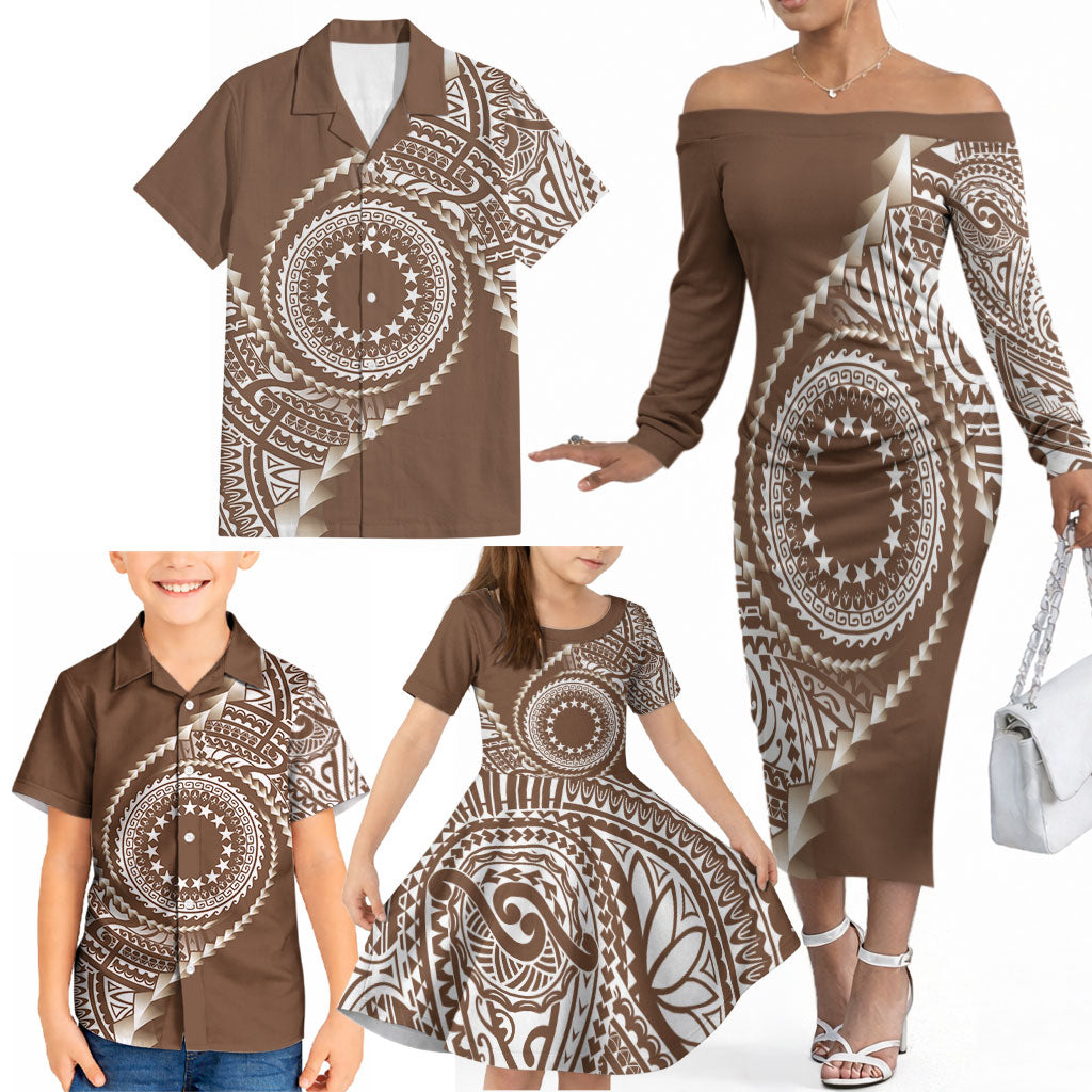 Cook Islands Gospel Day Family Matching Off The Shoulder Long Sleeve Dress and Hawaiian Shirt Brown Tribal Curves