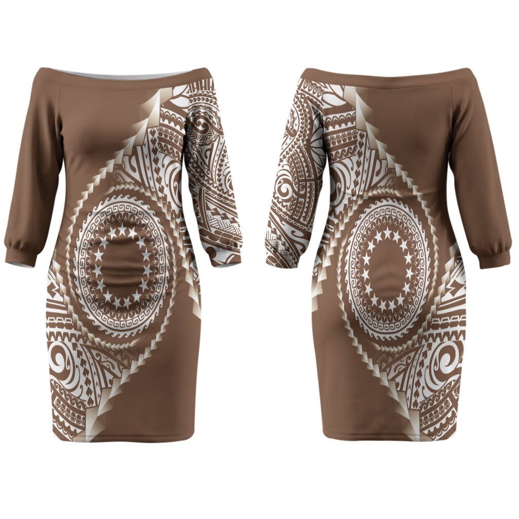 Cook Islands Gospel Day Family Matching Off The Shoulder Long Sleeve Dress and Hawaiian Shirt Brown Tribal Curves