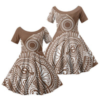 Cook Islands Gospel Day Family Matching Off The Shoulder Long Sleeve Dress and Hawaiian Shirt Brown Tribal Curves