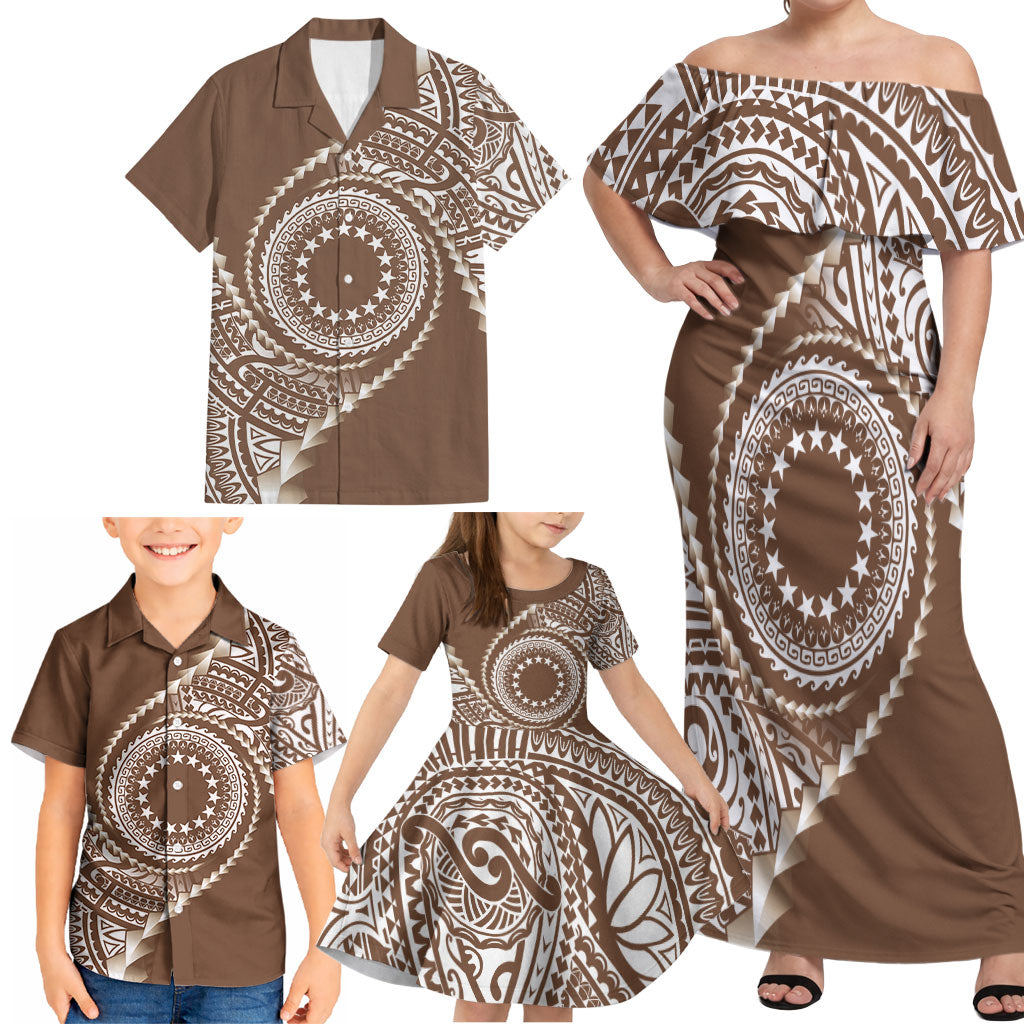 Cook Islands Gospel Day Family Matching Off Shoulder Maxi Dress and Hawaiian Shirt Brown Tribal Curves