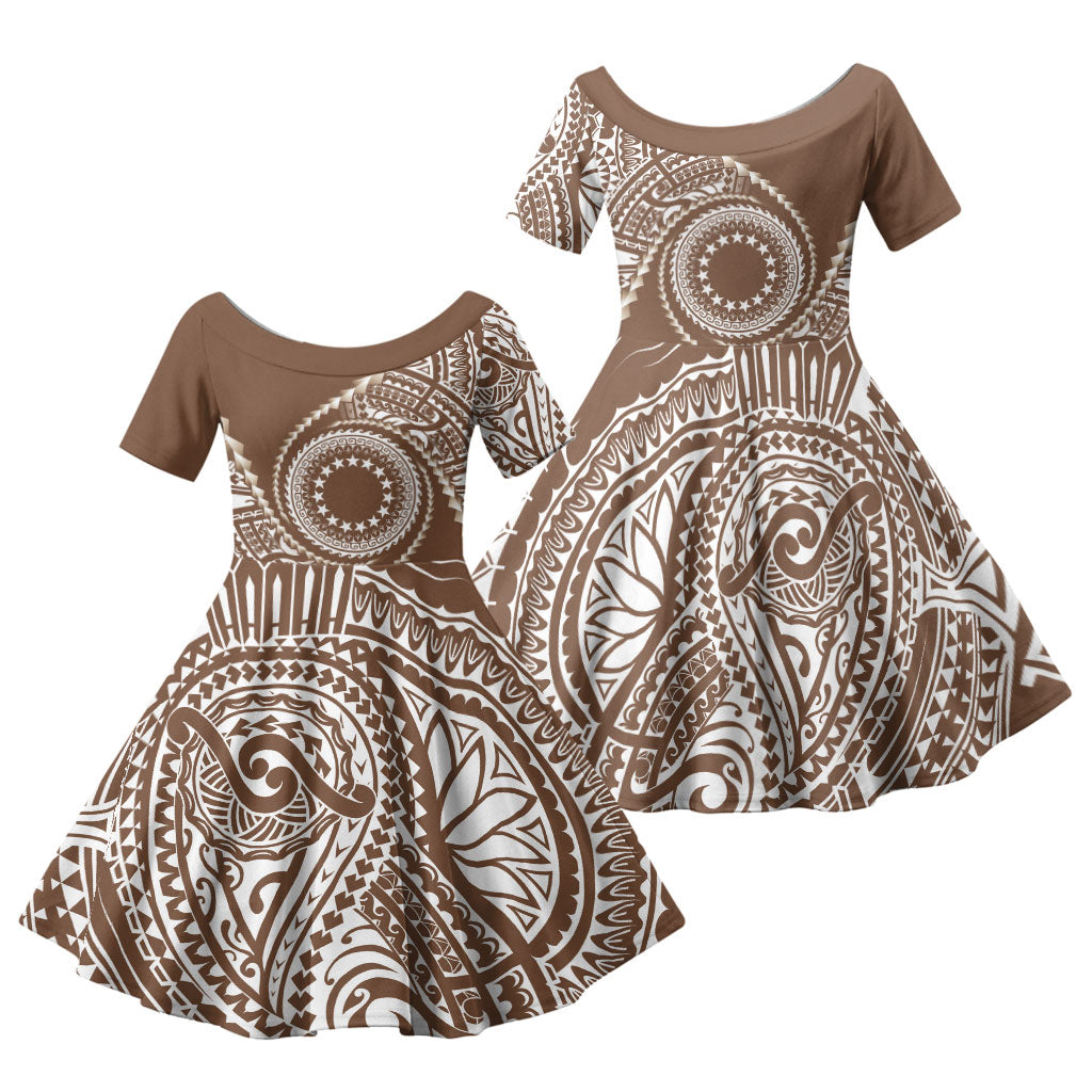 Cook Islands Gospel Day Family Matching Off Shoulder Maxi Dress and Hawaiian Shirt Brown Tribal Curves