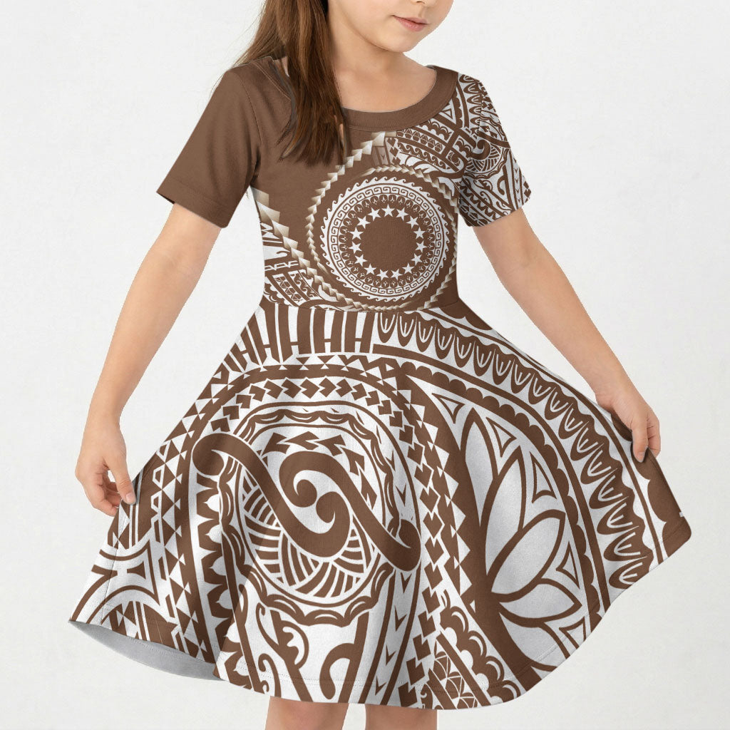 Cook Islands Gospel Day Kid Short Sleeve Dress Brown Tribal Curves