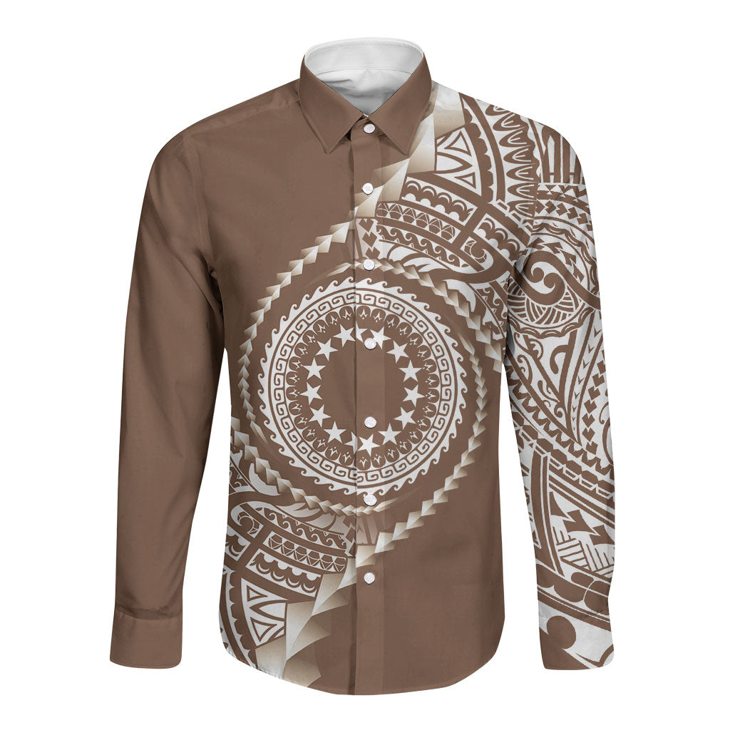 Cook Islands Gospel Day Long Sleeve Button Shirt Brown Tribal Curves