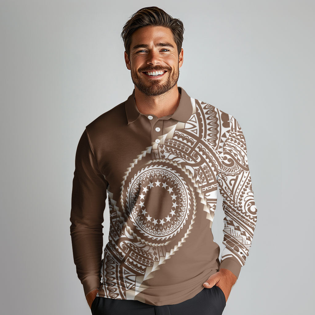 Cook Islands Gospel Day Long Sleeve Polo Shirt Brown Tribal Curves