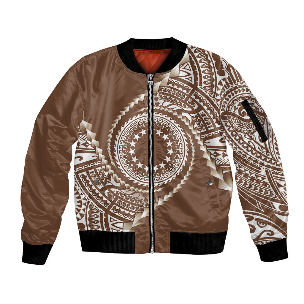 Cook Islands Gospel Day Sleeve Zip Bomber Jacket Brown Tribal Curves