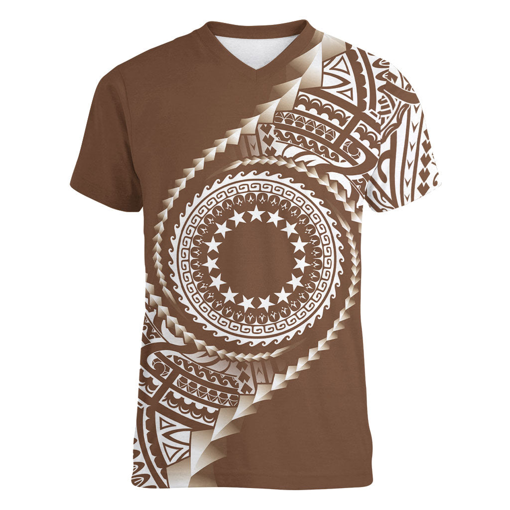 Cook Islands Gospel Day Women V-Neck T-Shirt Brown Tribal Curves