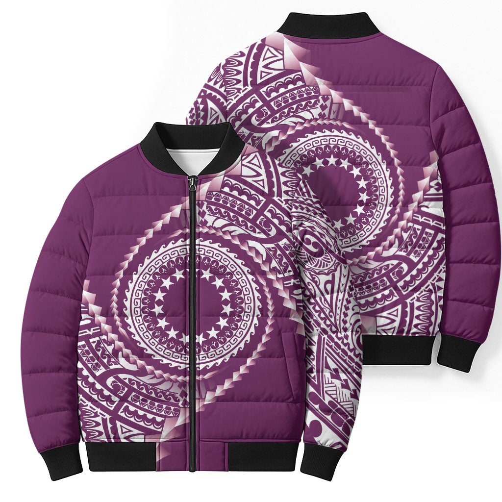 Cook Islands Gospel Day Bomber Puffer Jacket Maroon Tribal Curves