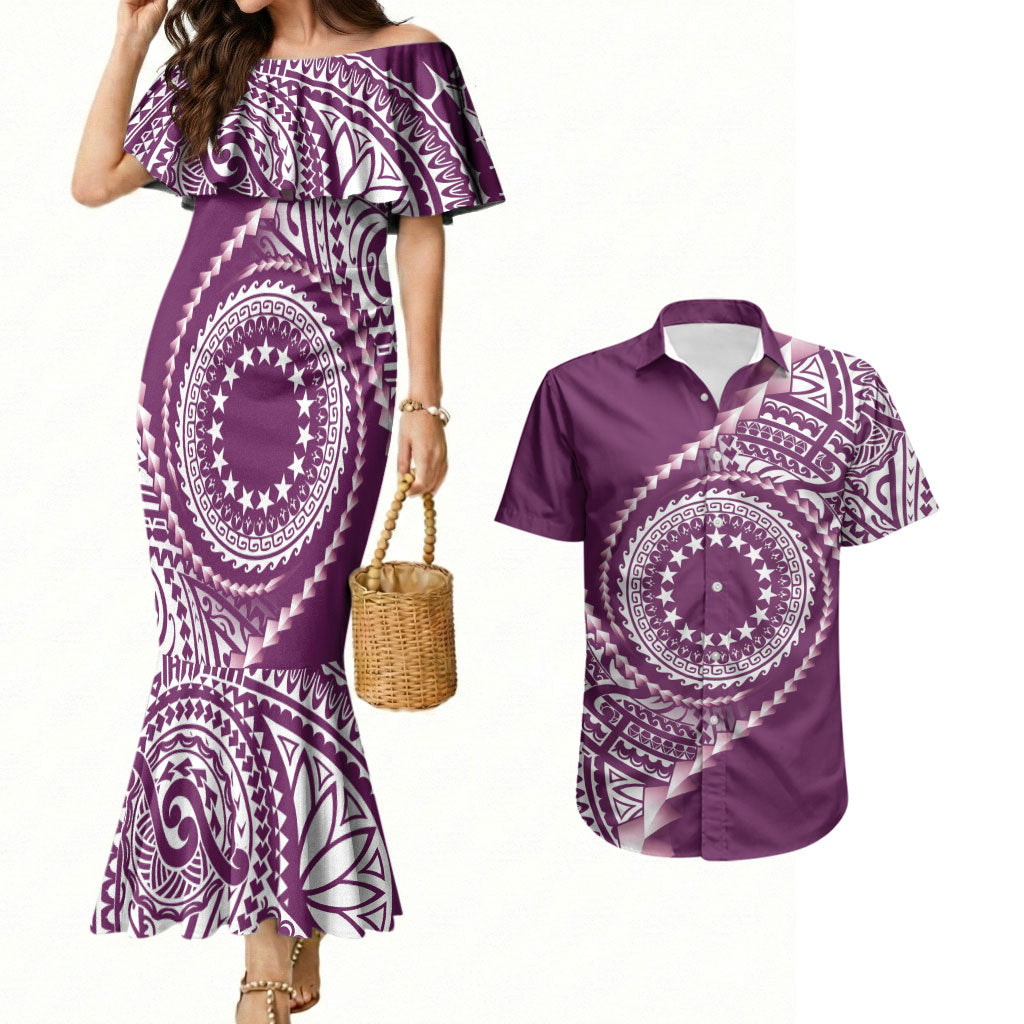 Cook Islands Gospel Day Couples Matching Mermaid Dress and Hawaiian Shirt Maroon Tribal Curves