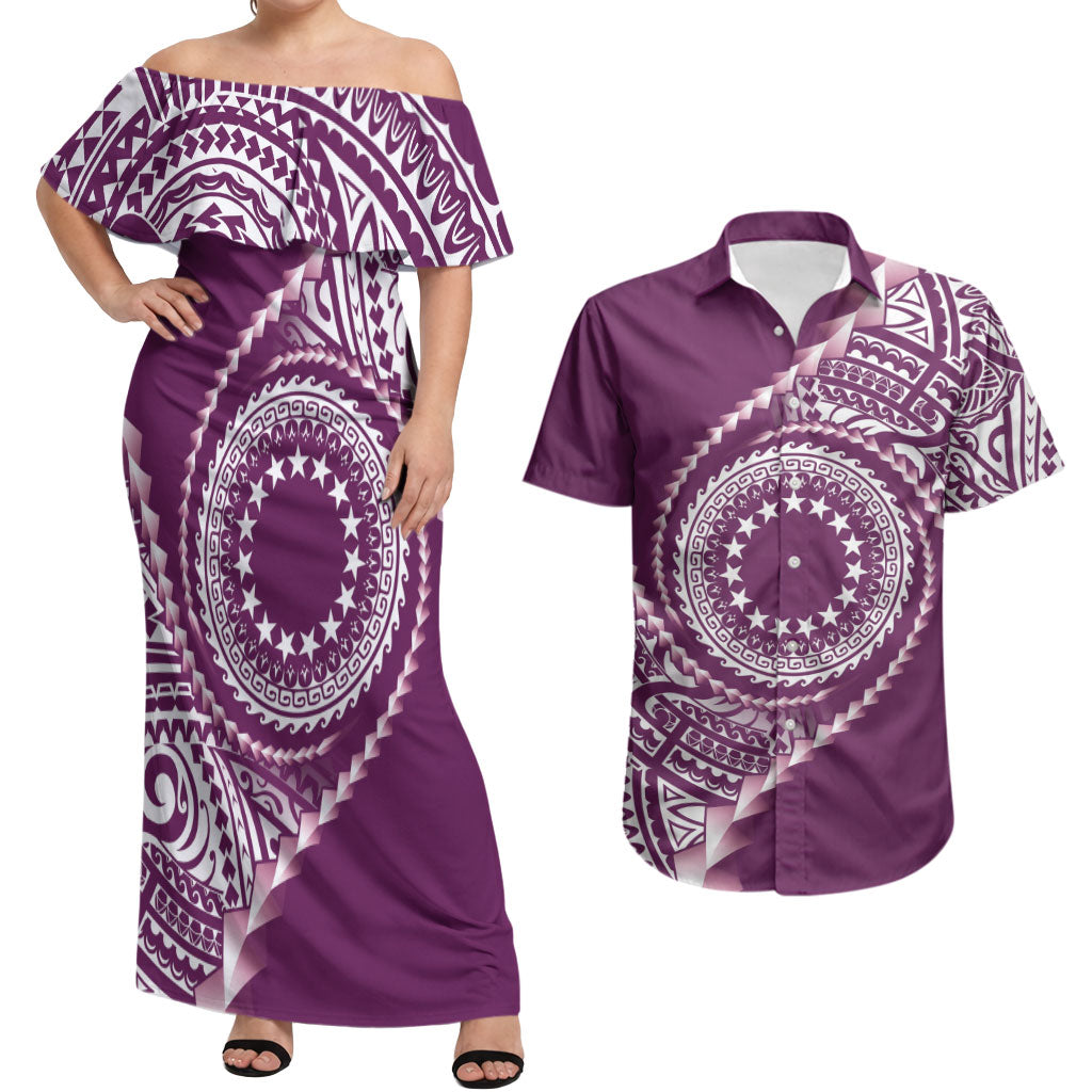 Cook Islands Gospel Day Couples Matching Off Shoulder Maxi Dress and Hawaiian Shirt Maroon Tribal Curves