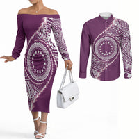 Cook Islands Gospel Day Couples Matching Off The Shoulder Long Sleeve Dress and Long Sleeve Button Shirt Maroon Tribal Curves