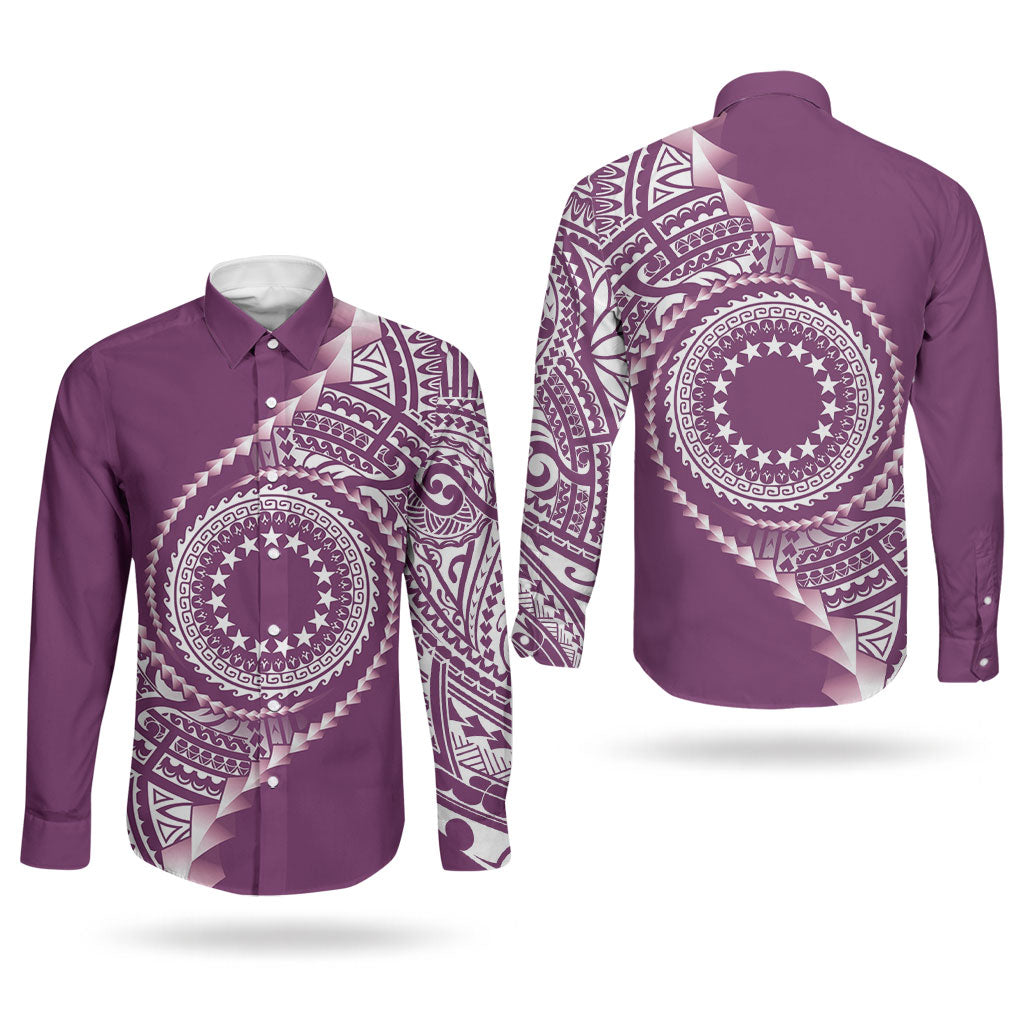 Cook Islands Gospel Day Couples Matching Off The Shoulder Long Sleeve Dress and Long Sleeve Button Shirt Maroon Tribal Curves