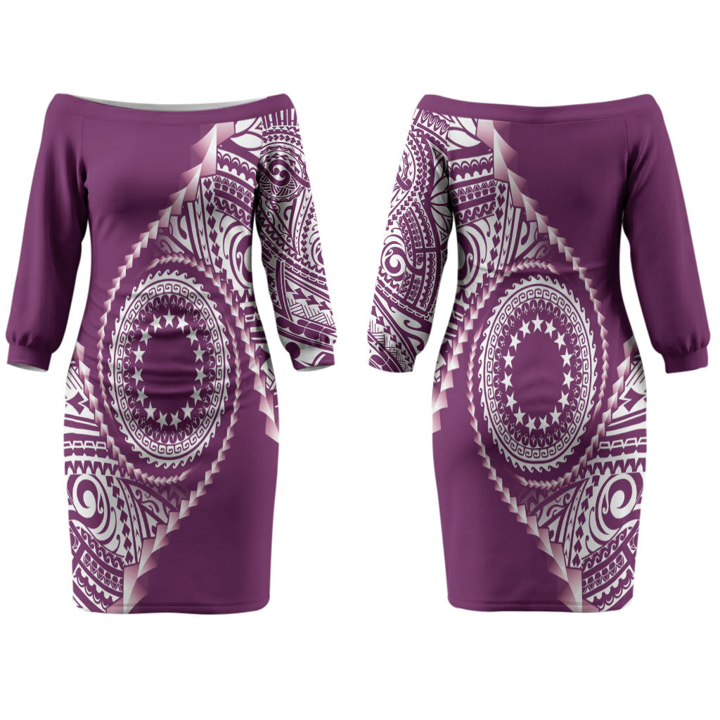 Cook Islands Gospel Day Couples Matching Off The Shoulder Long Sleeve Dress and Long Sleeve Button Shirt Maroon Tribal Curves