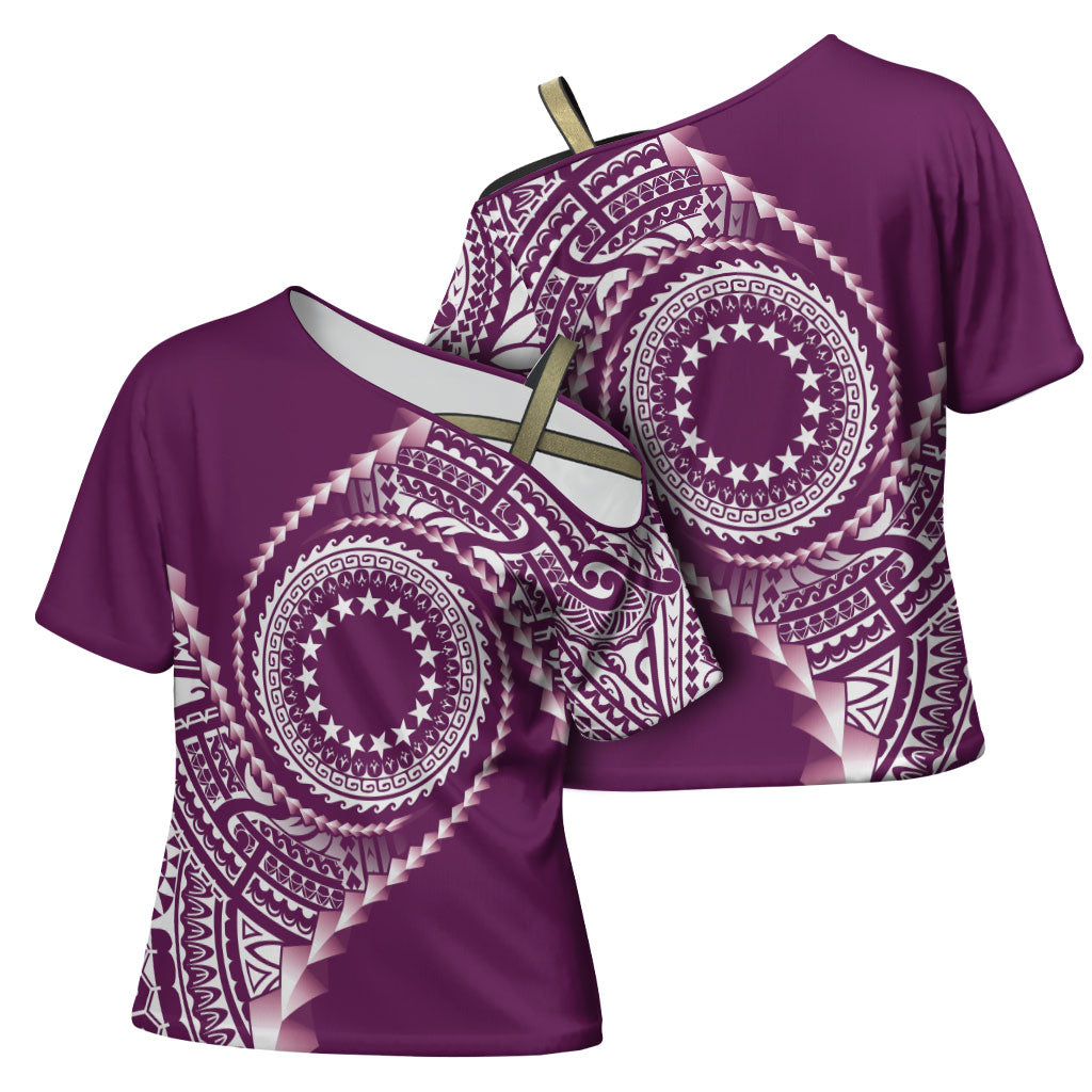 Cook Islands Gospel Day Cross Shoulder Shirt Maroon Tribal Curves