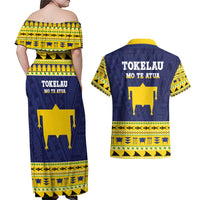 Tokelau Christmas Couples Matching Off Shoulder Maxi Dress and Hawaiian Shirt Tokelauan Turtle Santa Sleigh
