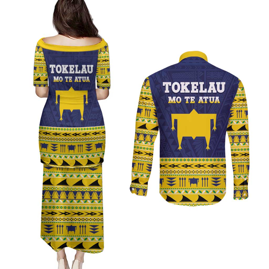 Tokelau Christmas Couples Matching Puletasi and Long Sleeve Button Shirt Tokelauan Turtle Santa Sleigh