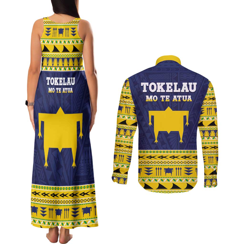 Tokelau Christmas Couples Matching Tank Maxi Dress and Long Sleeve Button Shirt Tokelauan Turtle Santa Sleigh