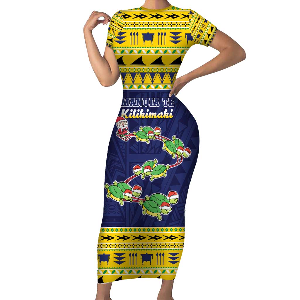 Tokelau Christmas Family Matching Short Sleeve Bodycon Dress and Hawaiian Shirt Tokelauan Turtle Santa Sleigh