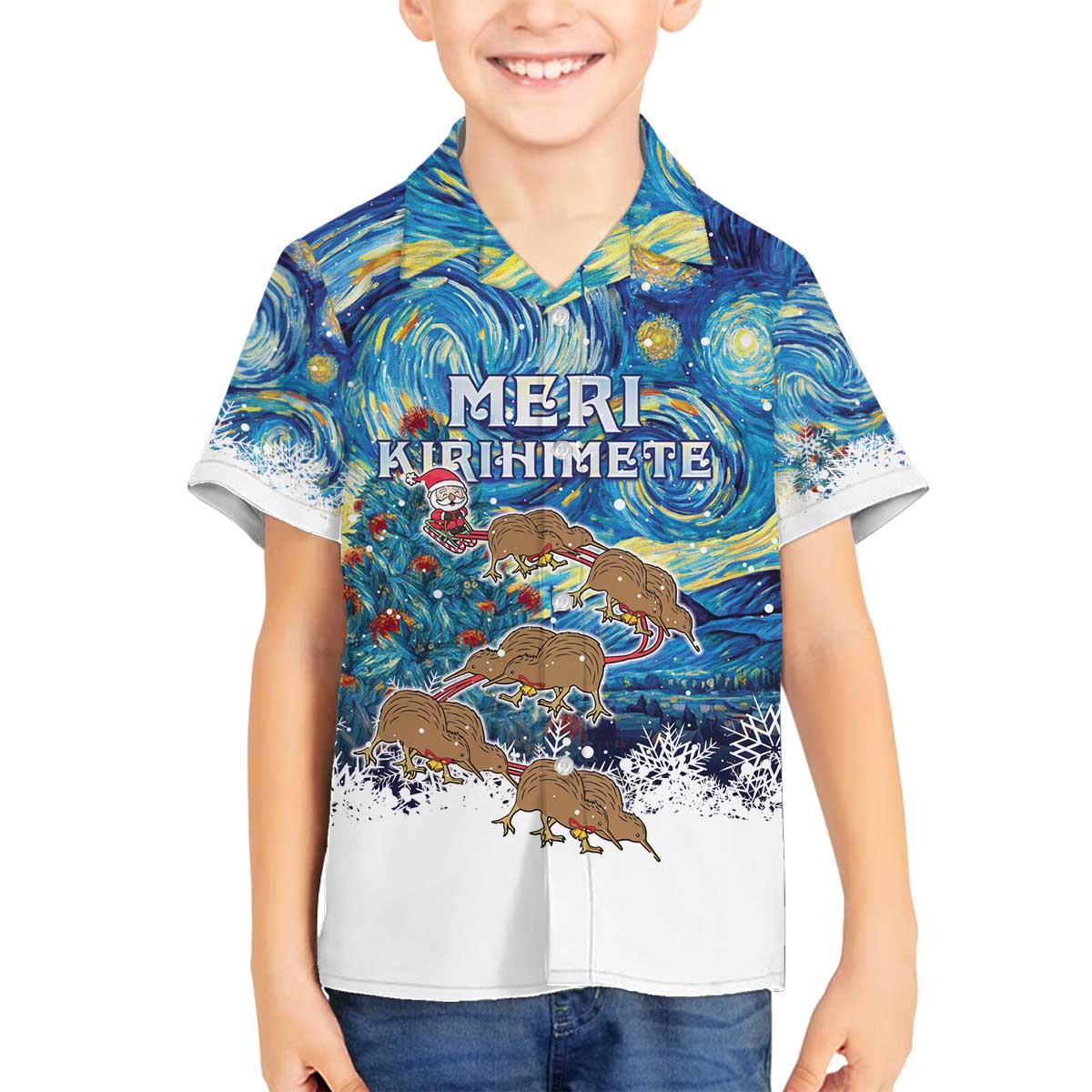 New Zealand Christmas Family Matching Off The Shoulder Long Sleeve Dress and Hawaiian Shirt Kiwis Santa Sleigh Starry Night Style