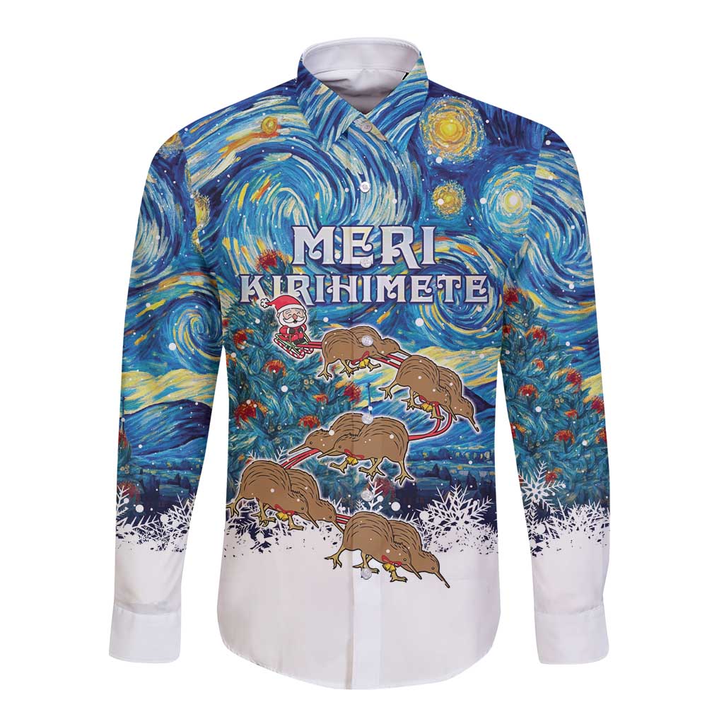 New Zealand Christmas Long Sleeve Button Shirt Kiwis Santa Sleigh Starry Night Style