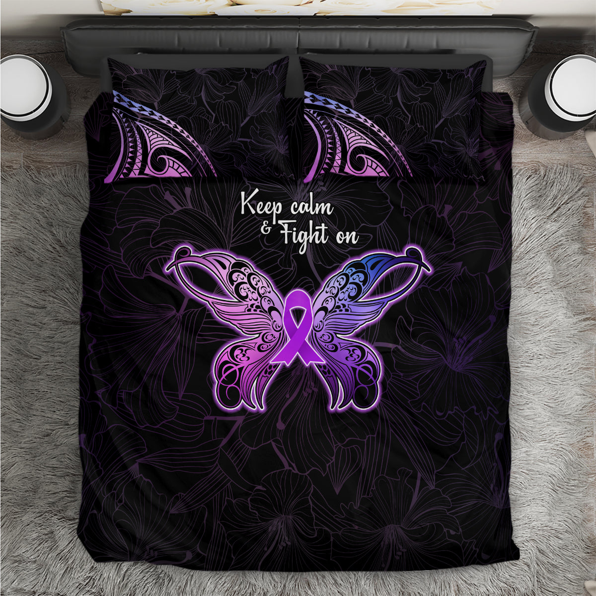 Pancreatic Cancer Awareness Bedding Set Keep Calm And Fight On Polynesian Pattern LT05 Purple - Polynesian Pride