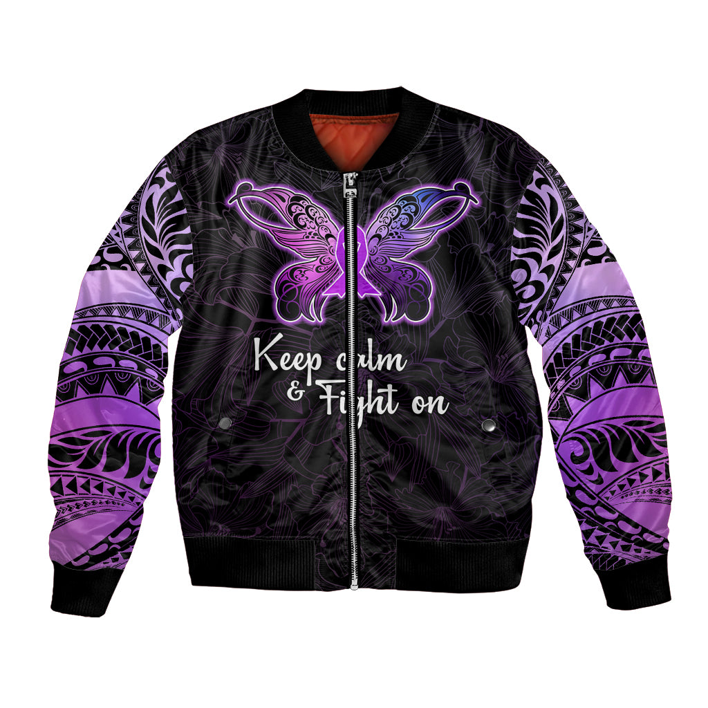 Pancreatic Cancer Awareness Bomber Jacket Keep Calm And Fight On Polynesian Pattern LT05 Unisex Purple - Polynesian Pride