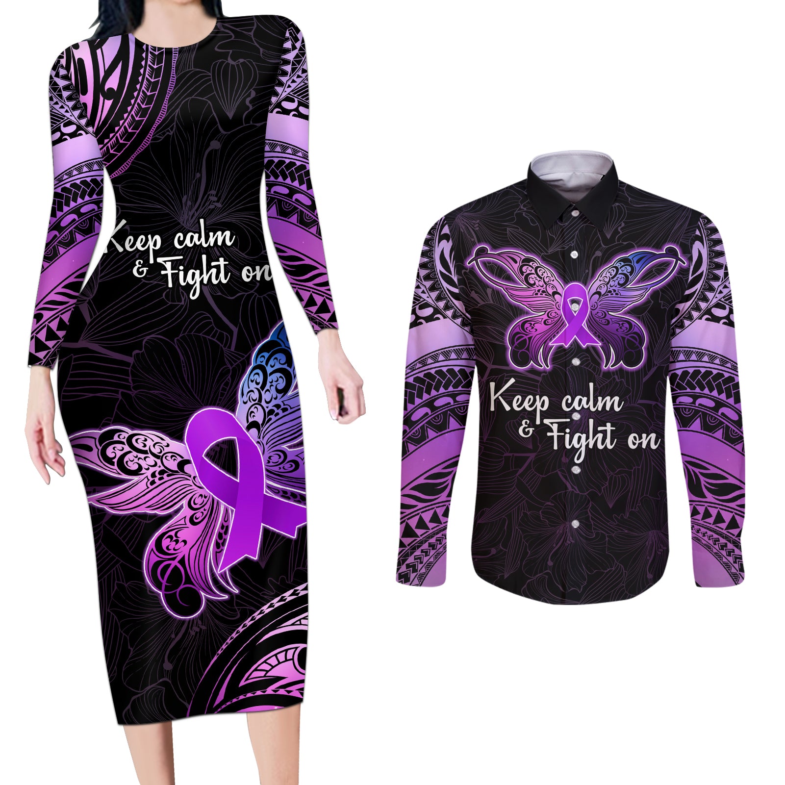 Pancreatic Cancer Awareness Couples Matching Long Sleeve Bodycon Dress and Long Sleeve Button Shirt Keep Calm And Fight On Polynesian Pattern LT05 Purple - Polynesian Pride