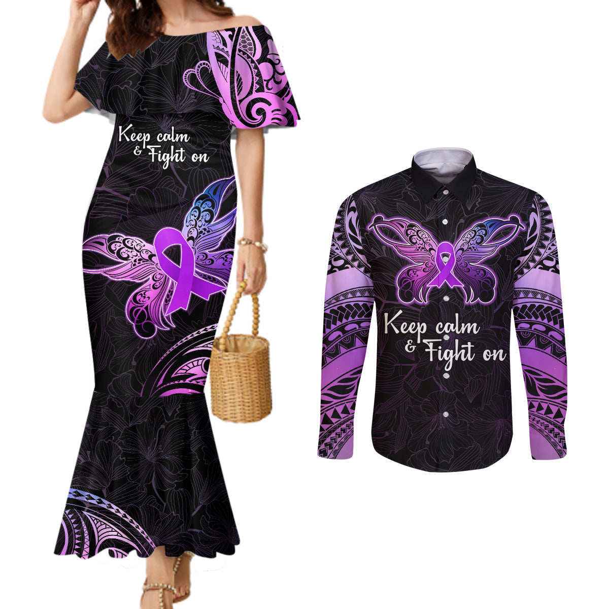 Pancreatic Cancer Awareness Couples Matching Mermaid Dress and Long Sleeve Button Shirt Keep Calm And Fight On Polynesian Pattern LT05 Purple - Polynesian Pride