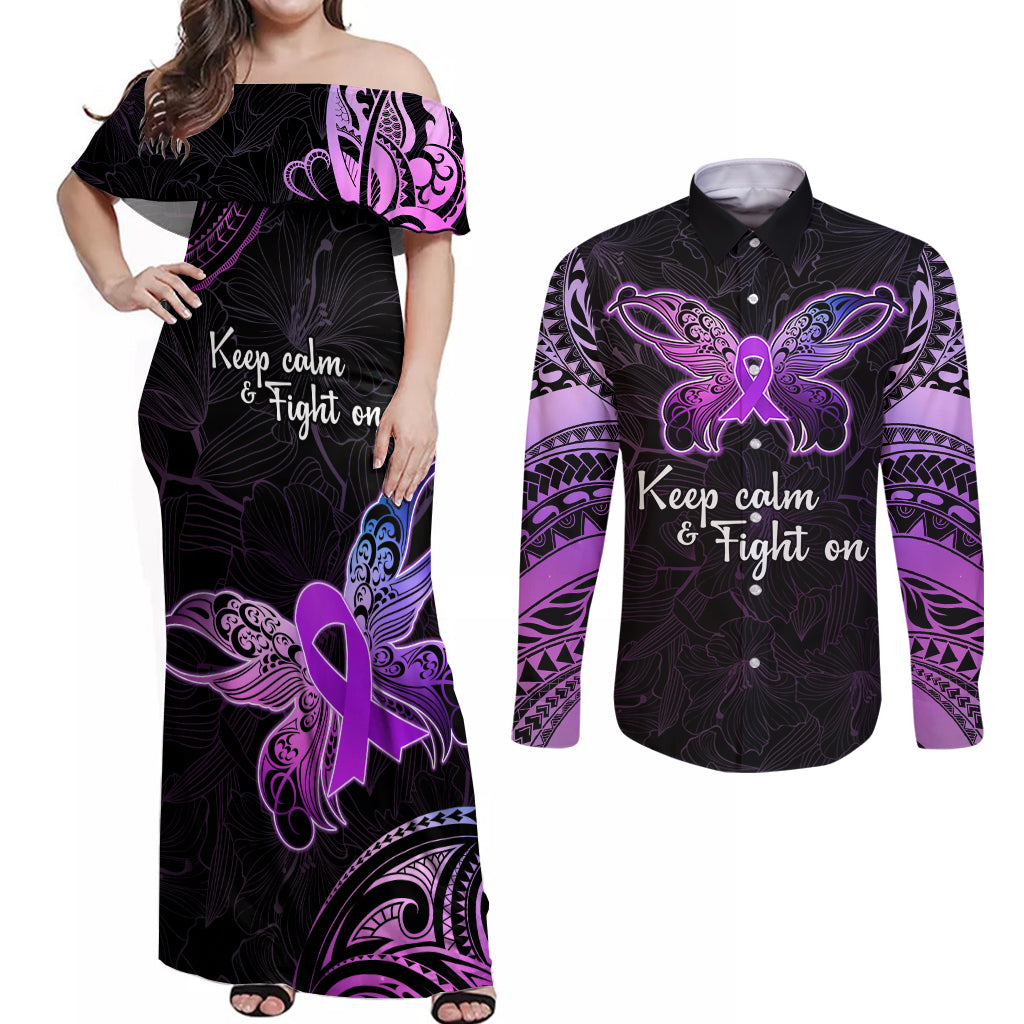 Pancreatic Cancer Awareness Couples Matching Off Shoulder Maxi Dress and Long Sleeve Button Shirt Keep Calm And Fight On Polynesian Pattern LT05 Purple - Polynesian Pride