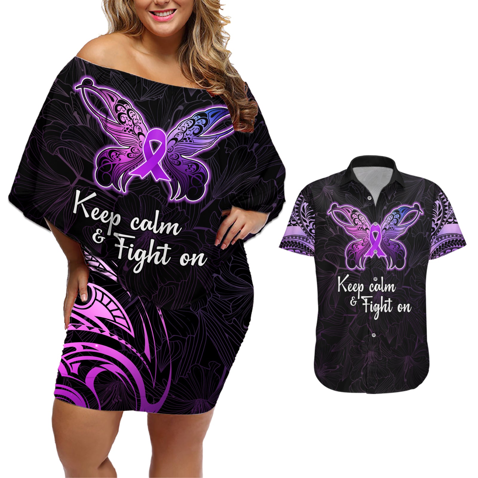 Pancreatic Cancer Awareness Couples Matching Off Shoulder Short Dress and Hawaiian Shirt Keep Calm And Fight On Polynesian Pattern LT05 Purple - Polynesian Pride