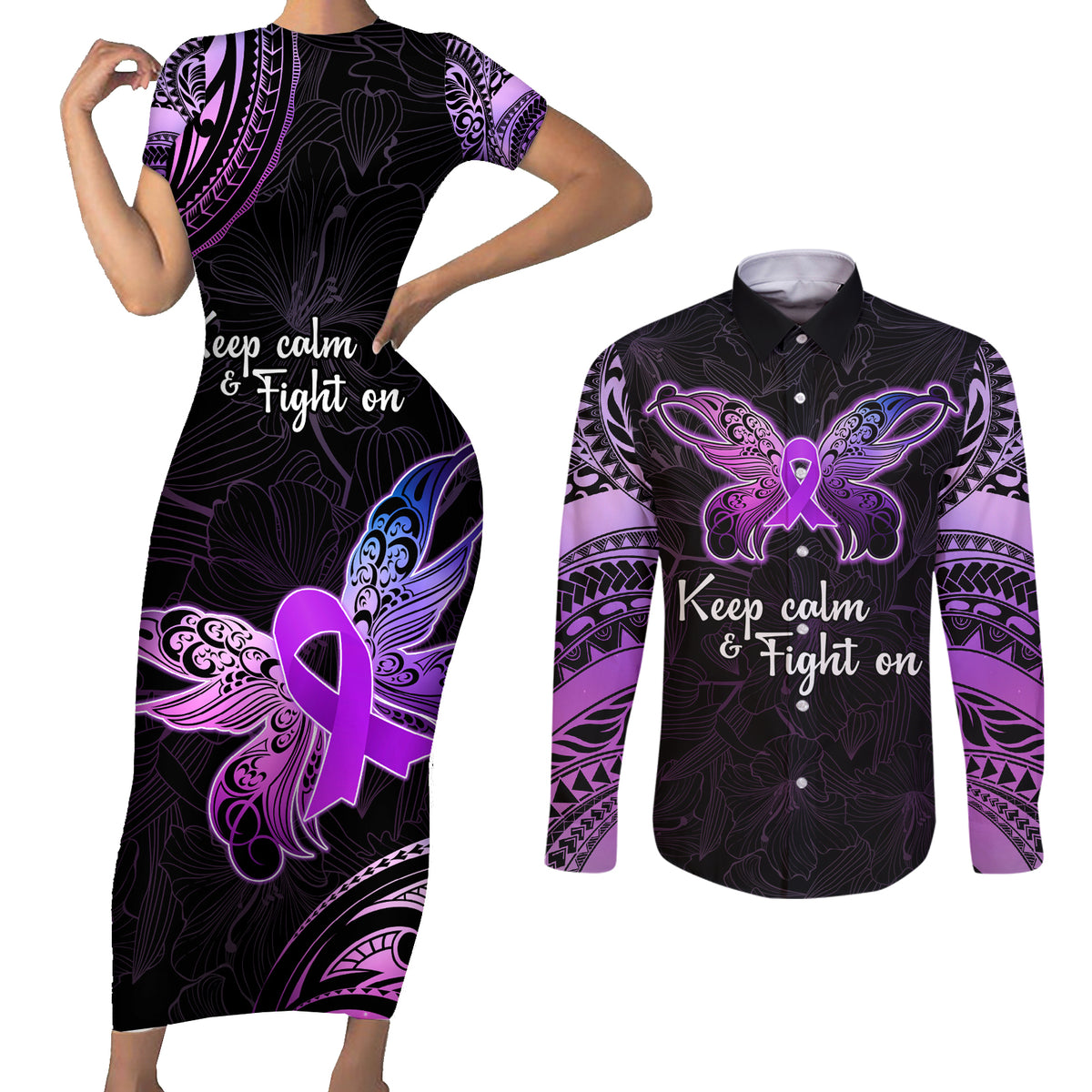 Pancreatic Cancer Awareness Couples Matching Short Sleeve Bodycon Dress and Long Sleeve Button Shirt Keep Calm And Fight On Polynesian Pattern LT05 Purple - Polynesian Pride