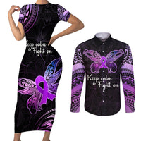 Pancreatic Cancer Awareness Couples Matching Short Sleeve Bodycon Dress and Long Sleeve Button Shirt Keep Calm And Fight On Polynesian Pattern LT05 Purple - Polynesian Pride