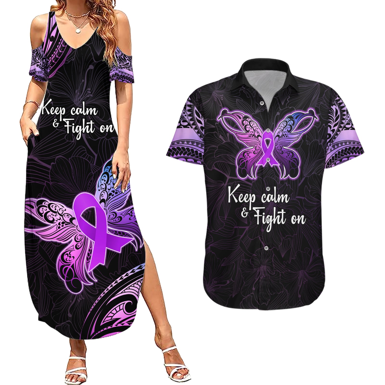 Pancreatic Cancer Awareness Couples Matching Summer Maxi Dress and Hawaiian Shirt Keep Calm And Fight On Polynesian Pattern LT05 Purple - Polynesian Pride