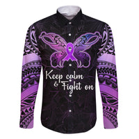 Pancreatic Cancer Awareness Family Matching Mermaid Dress and Hawaiian Shirt Keep Calm And Fight On Polynesian Pattern LT05 Dad's Shirt - Long Sleeve Purple - Polynesian Pride