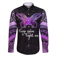 Pancreatic Cancer Awareness Family Matching Puletasi Dress and Hawaiian Shirt Keep Calm And Fight On Polynesian Pattern LT05 Dad's Shirt - Long Sleeve Purple - Polynesian Pride