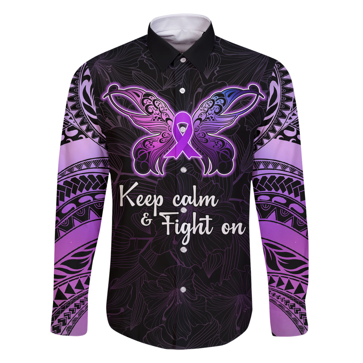 Pancreatic Cancer Awareness Family Matching Tank Maxi Dress and Hawaiian Shirt Keep Calm And Fight On Polynesian Pattern LT05 Dad's Shirt - Long Sleeve Purple - Polynesian Pride