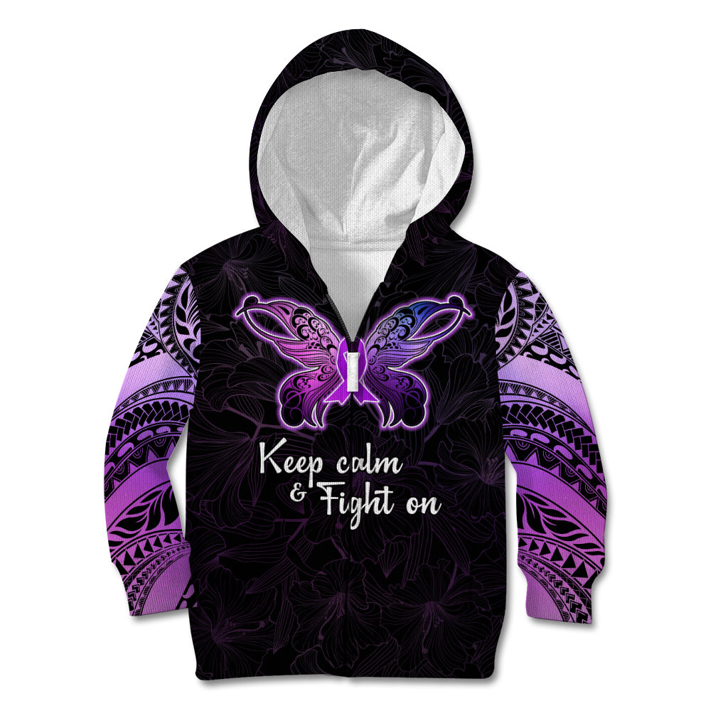 Pancreatic Cancer Awareness Kid Hoodie Keep Calm And Fight On Polynesian Pattern LT05 Zip Hoodie Purple - Polynesian Pride