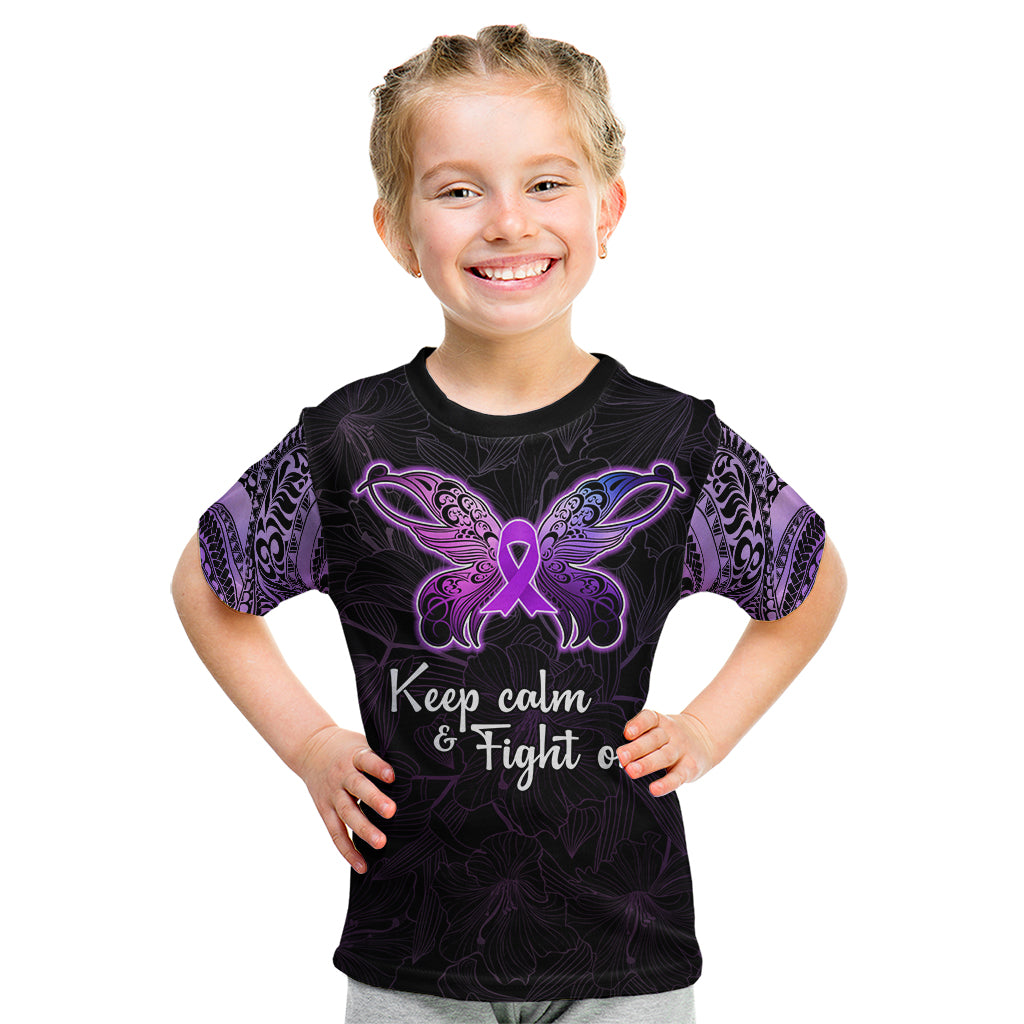 Pancreatic Cancer Awareness Kid T Shirt Keep Calm And Fight On Polynesian Pattern LT05 Purple - Polynesian Pride
