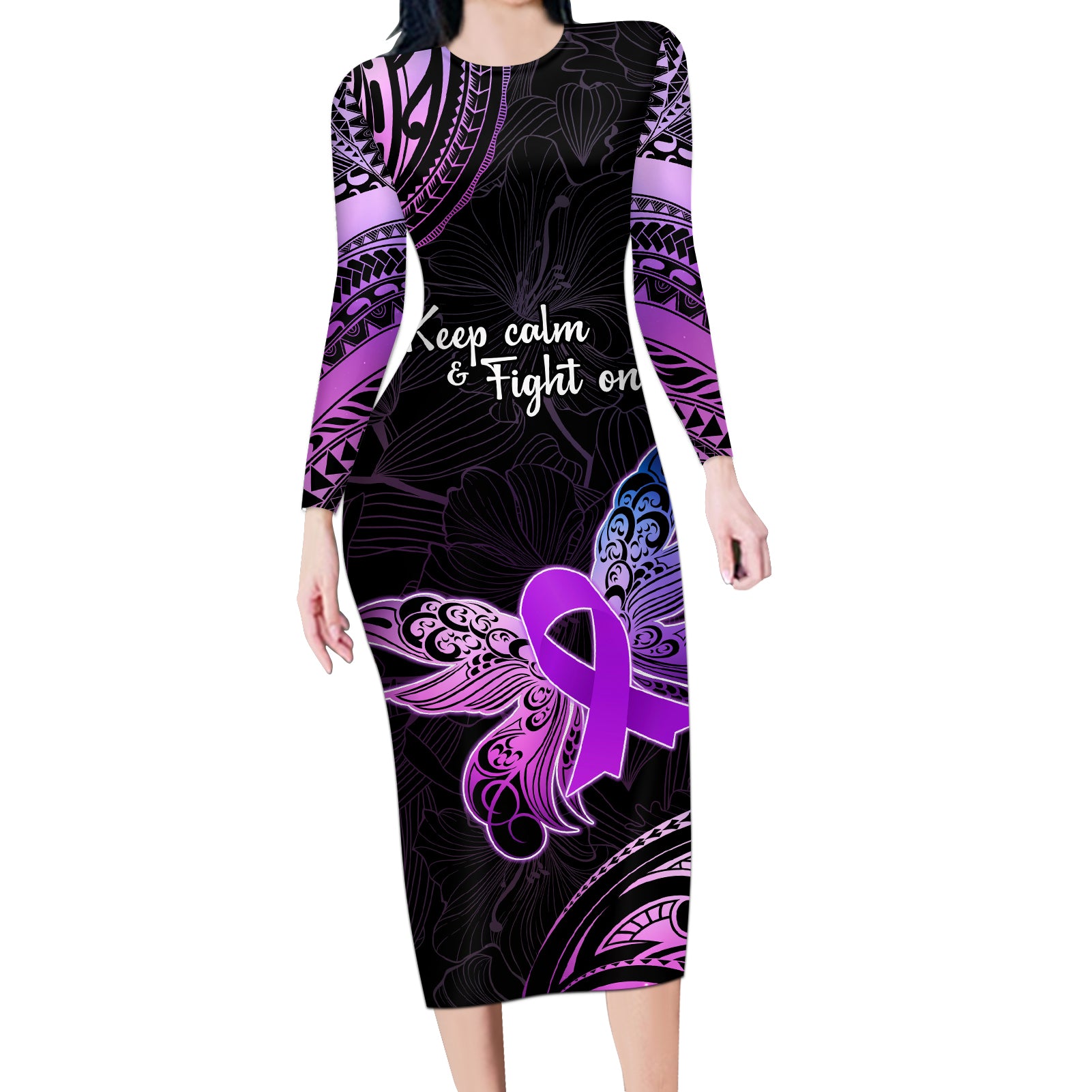Pancreatic Cancer Awareness Long Sleeve Bodycon Dress Keep Calm And Fight On Polynesian Pattern LT05 Long Dress Purple - Polynesian Pride