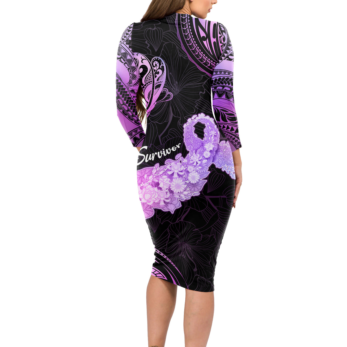 Pancreatic Cancer Awareness Long Sleeve Bodycon Dress Keep Calm And Fight On Polynesian Pattern LT05 - Polynesian Pride