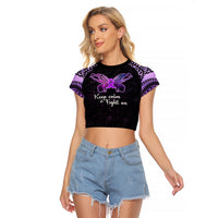 Pancreatic Cancer Awareness Raglan Cropped T Shirt Keep Calm And Fight On Polynesian Pattern LT05 Female Purple - Polynesian Pride