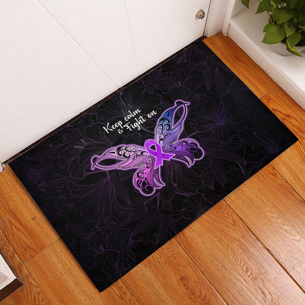 Pancreatic Cancer Awareness Rubber Doormat Keep Calm And Fight On Polynesian Pattern LT05 Purple - Polynesian Pride