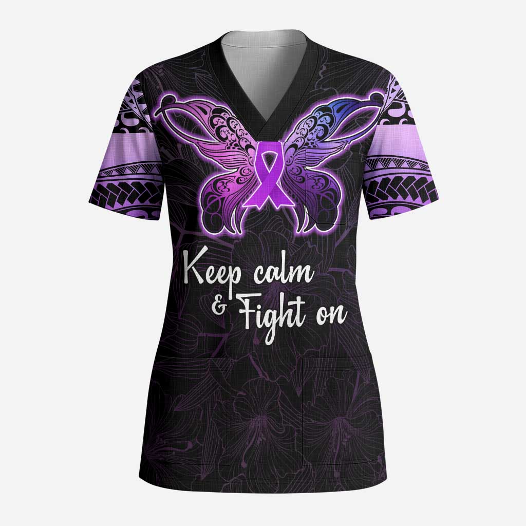 Pancreatic Cancer Awareness Scrub Top Keep Calm And Fight On Polynesian Pattern - Polynesian Pride