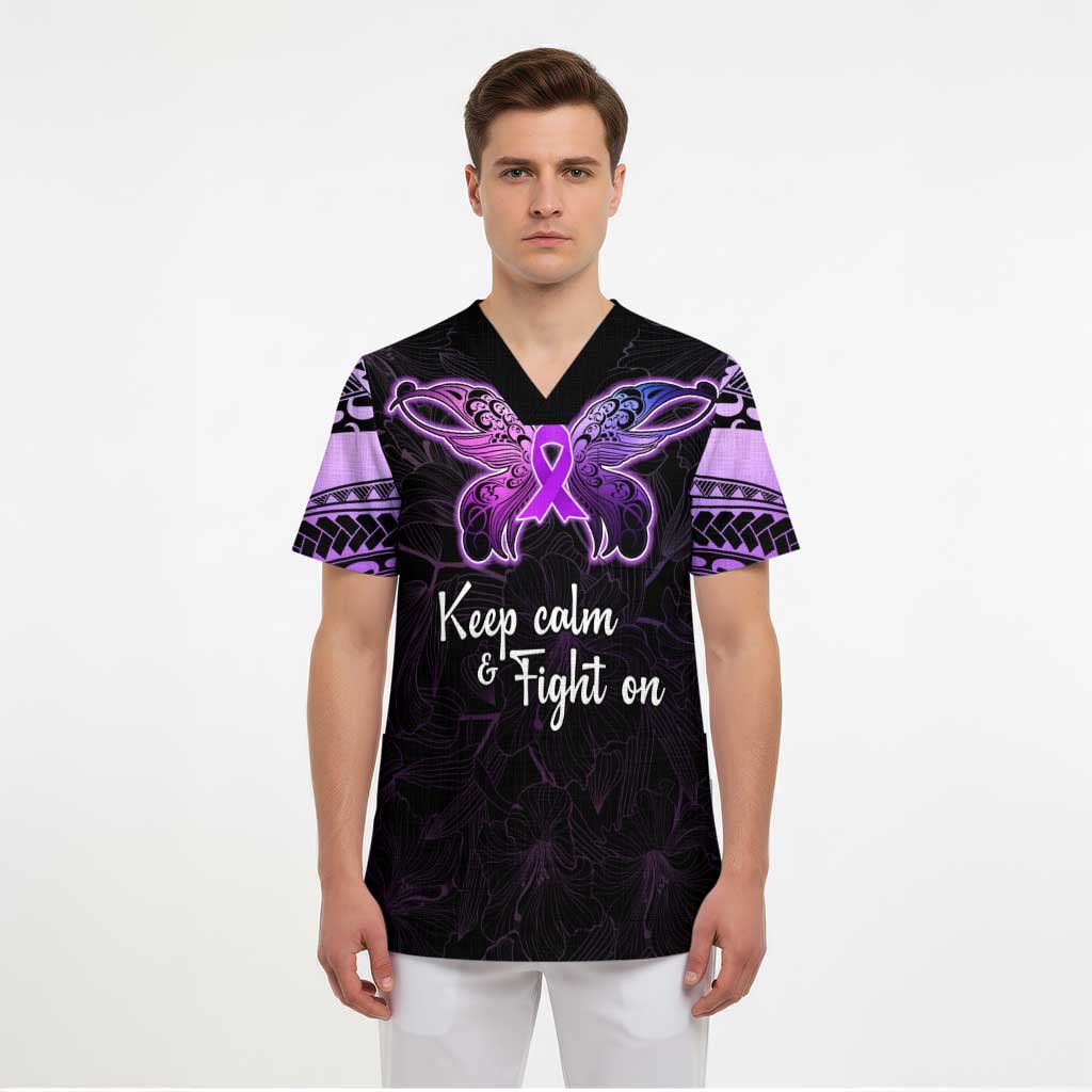 Pancreatic Cancer Awareness Scrub Top Keep Calm And Fight On Polynesian Pattern - Polynesian Pride