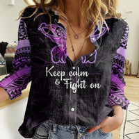 Pancreatic Cancer Awareness Women Casual Shirt Keep Calm And Fight On Polynesian Pattern LT05 Female Purple - Polynesian Pride