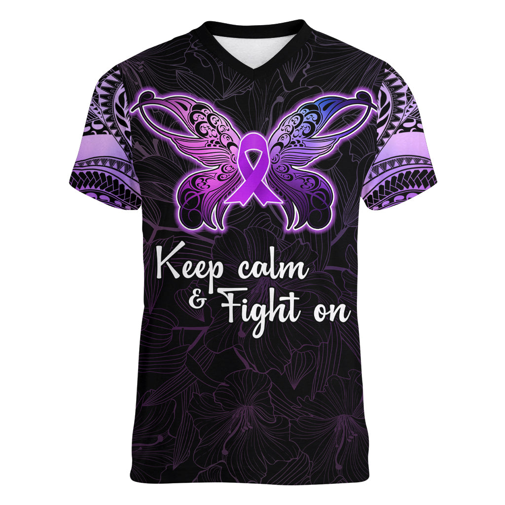 Pancreatic Cancer Awareness Women V Neck T Shirt Keep Calm And Fight On Polynesian Pattern LT05 Female Purple - Polynesian Pride