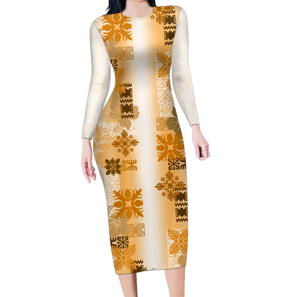 Hawaiian Quilt Family Matching Long Sleeve Bodycon Dress and Hawaiian Shirt Vintage Pattern Brown LT05 Mom's Dress Brown - Polynesian Pride