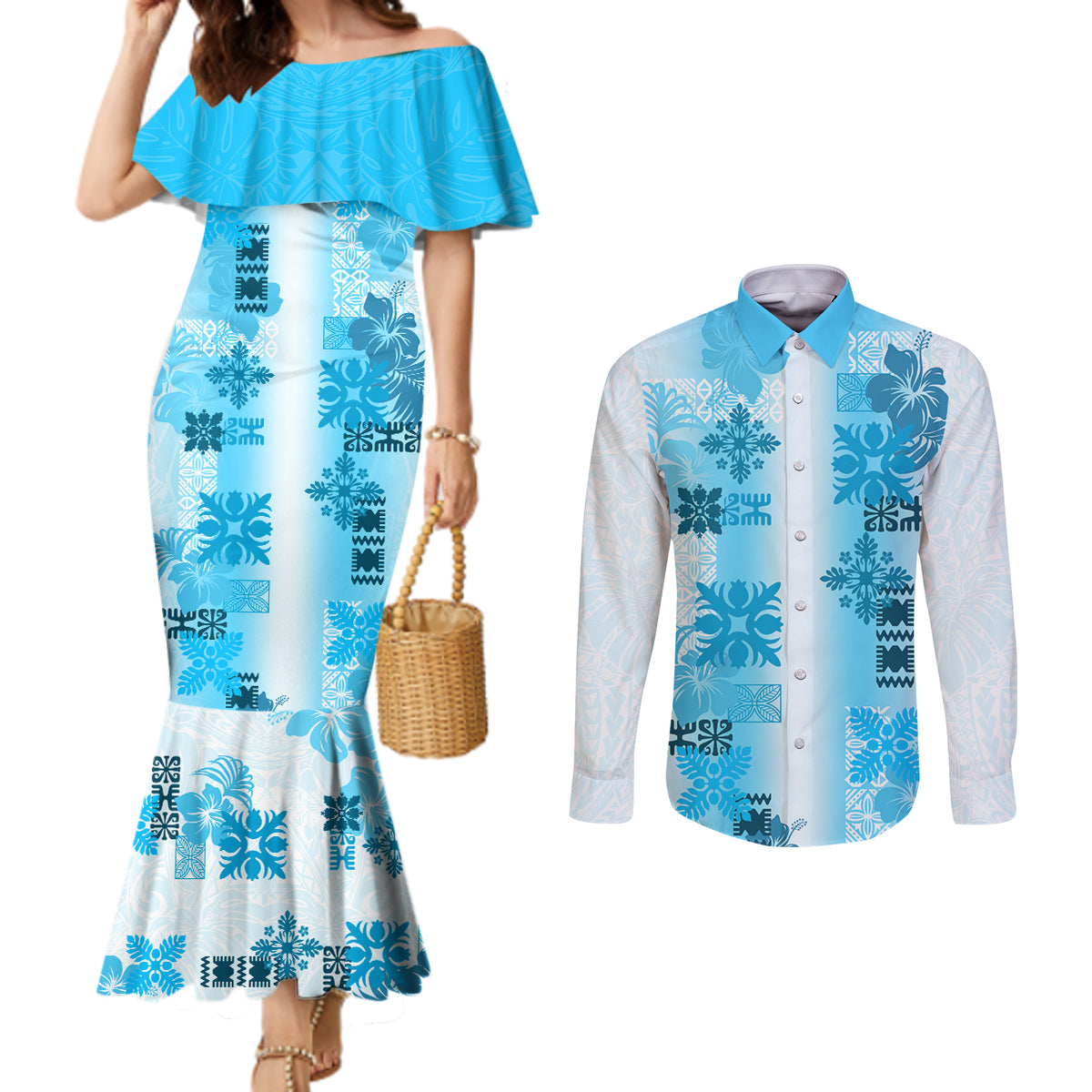 Hawaiian Quilt Couples Matching Mermaid Dress and Long Sleeve Button Shirt Vintage Pattern Blue LT05 Blue - Polynesian Pride