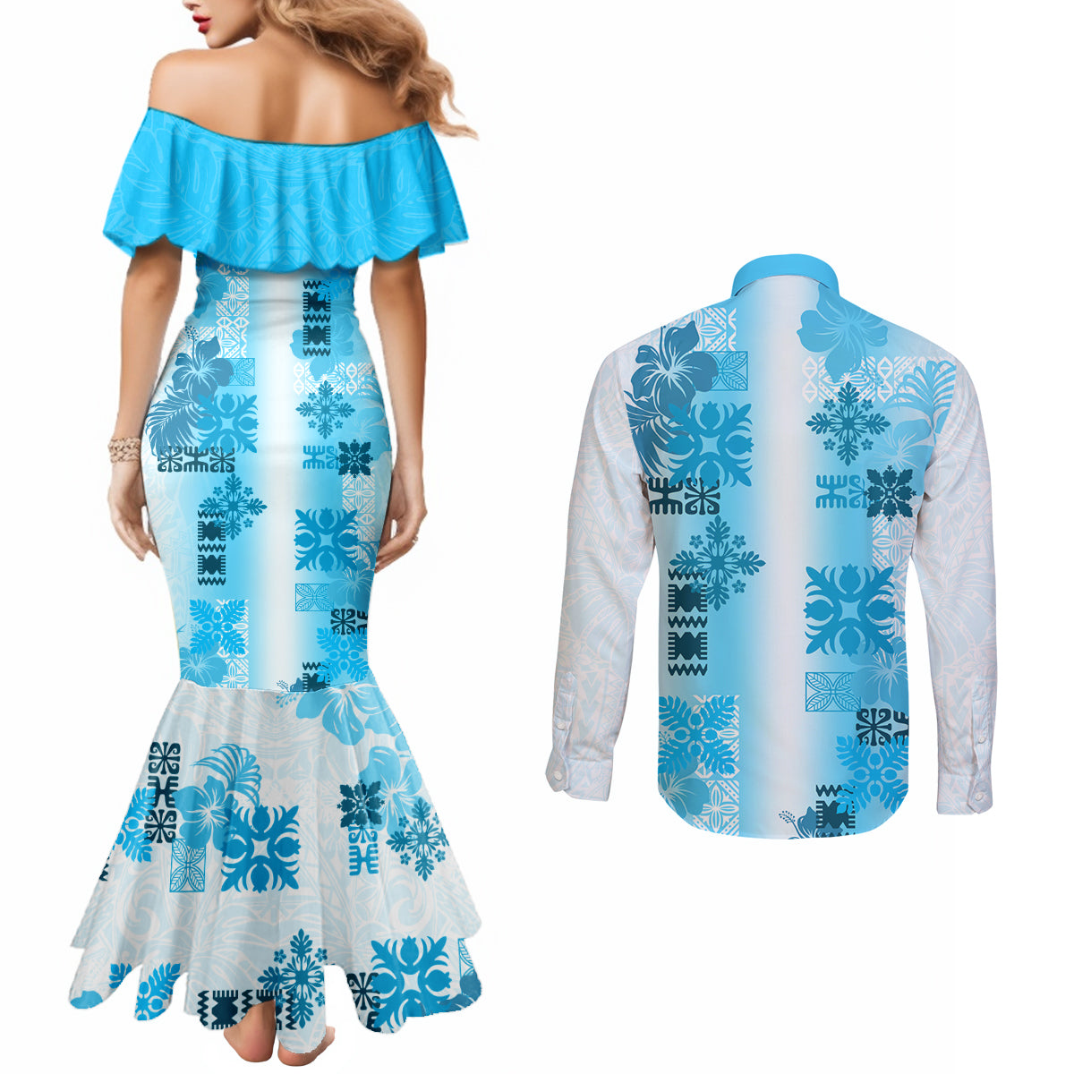 Hawaiian Quilt Couples Matching Mermaid Dress and Long Sleeve Button Shirt Vintage Pattern Blue LT05 - Polynesian Pride