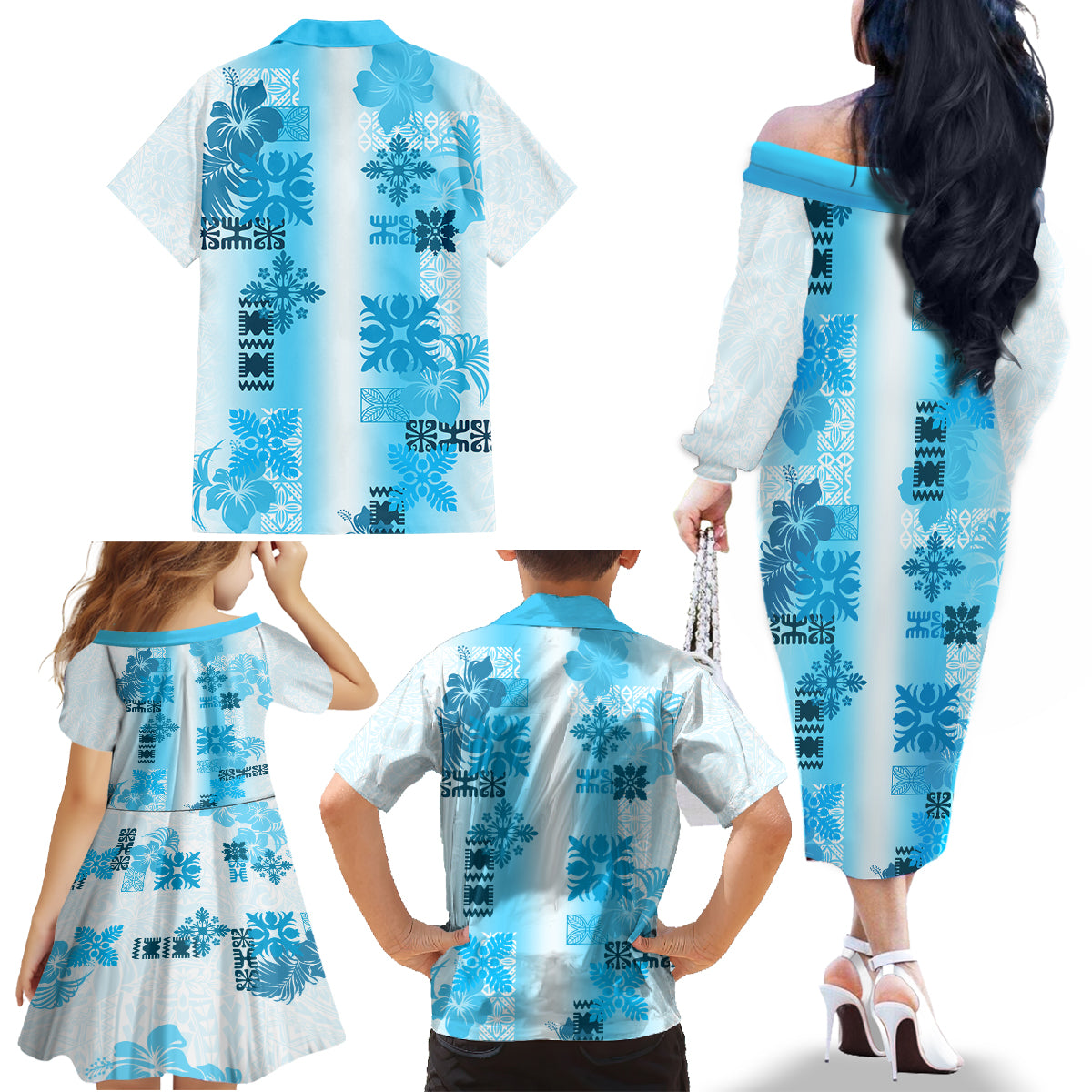 Hawaiian Quilt Family Matching Off Shoulder Long Sleeve Dress and Hawaiian Shirt Vintage Pattern Blue LT05 - Polynesian Pride